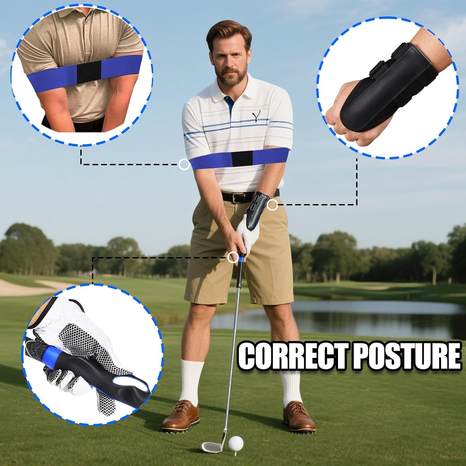 Golf Swing Training Kit – Grip Trainer, Wrist Brace & Arm Band