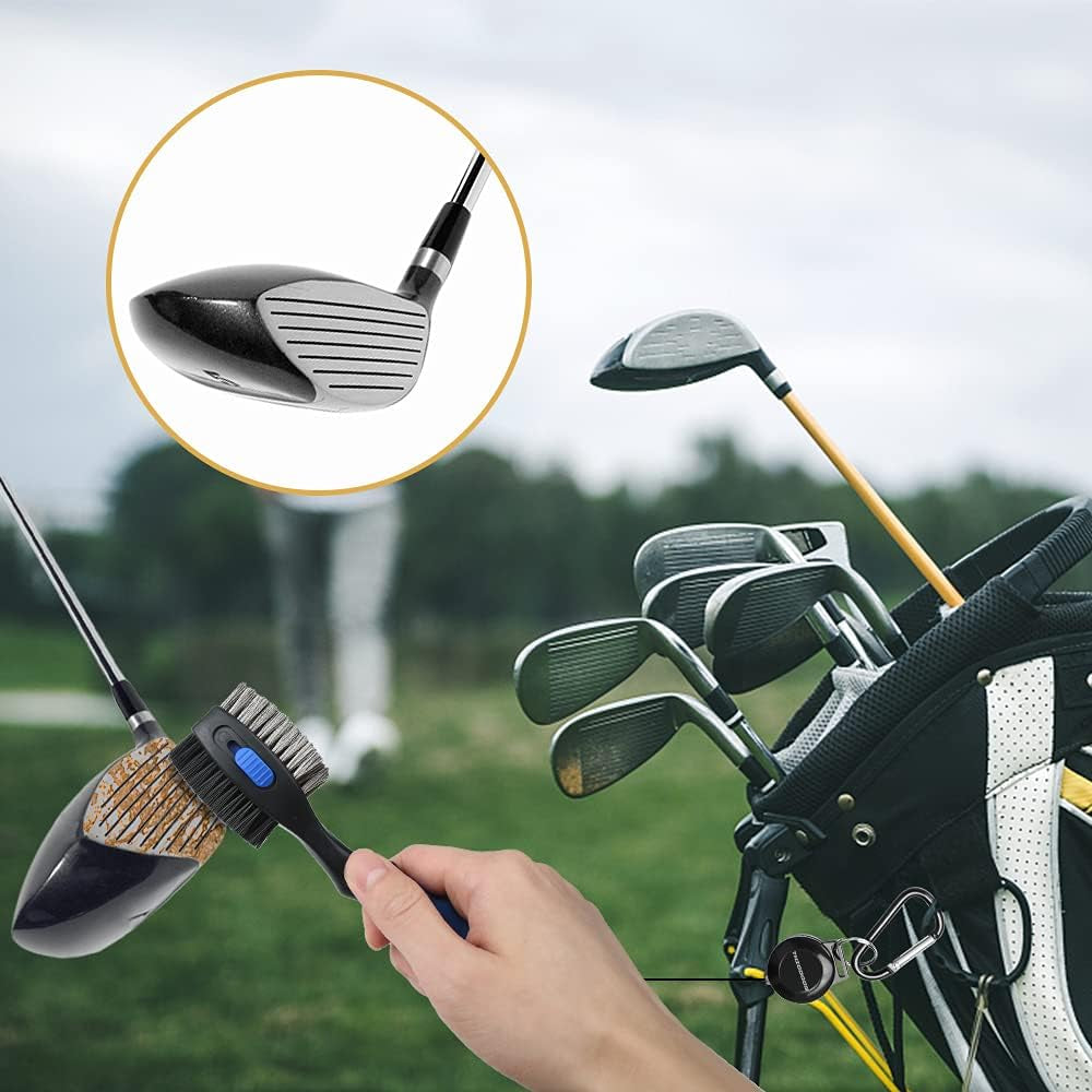 2 Pack Golf Club Brushes and Groove Cleaner 2 Ft Retractable Zipline Carabiner Golf Brush Head with Retractable Spike Comfortable Grip Golf Club Cleaner