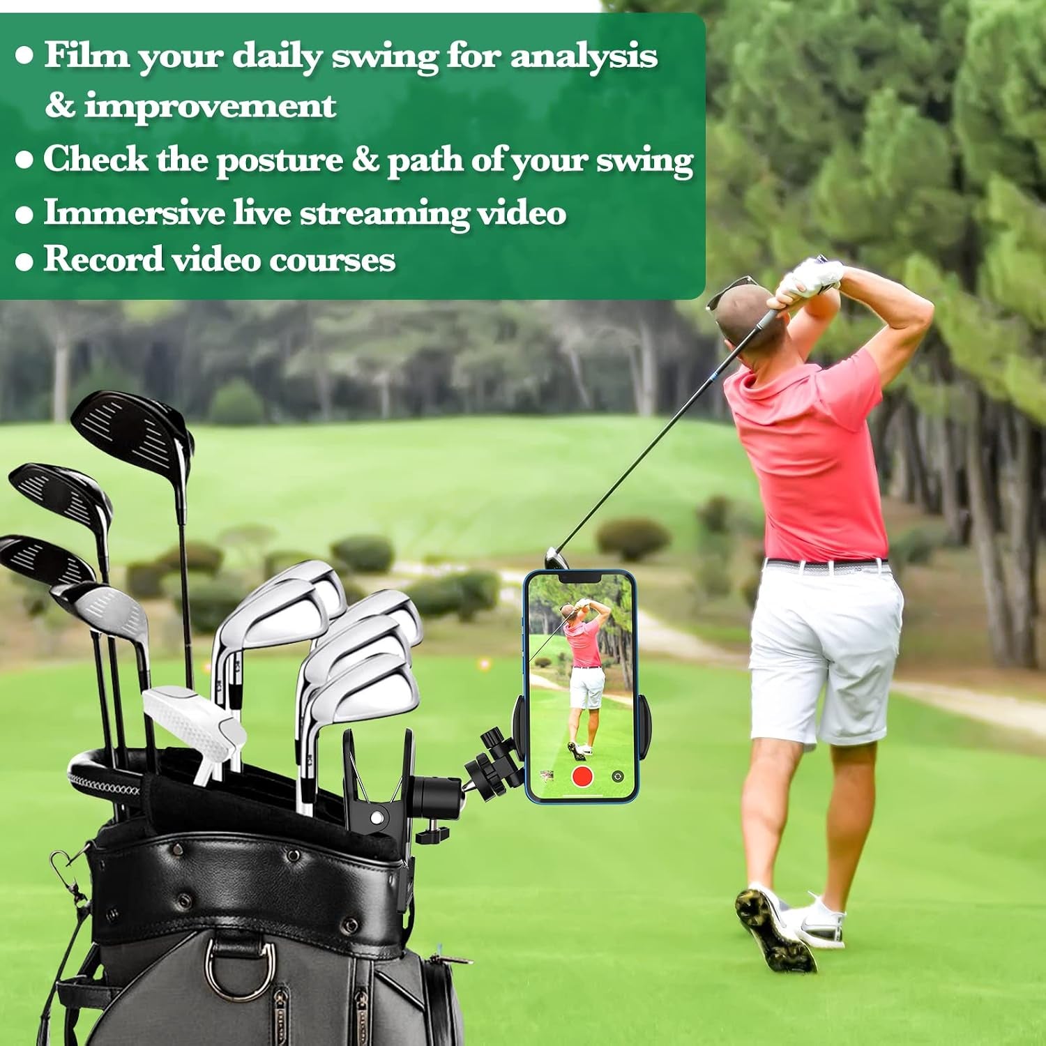 Golf Cart Phone Mount – 360° Adjustable Cell Phone Holder for Swing Recording