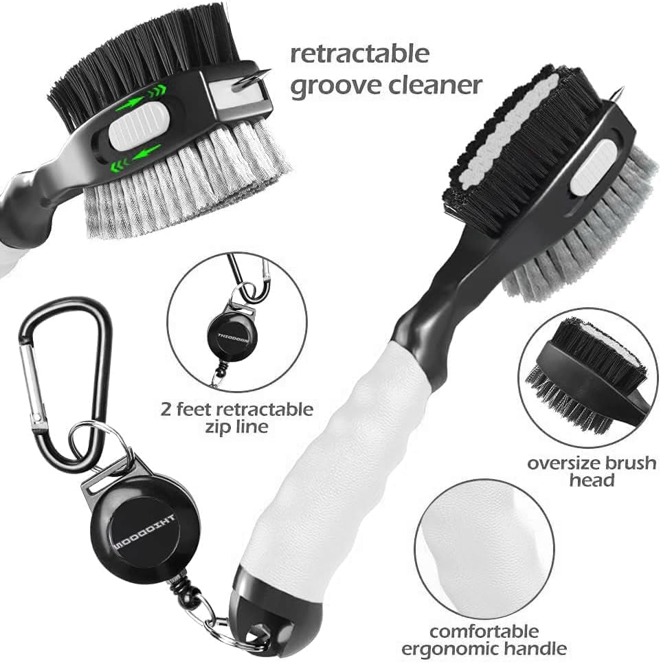 2 Pack Golf Club Brushes and Groove Cleaner 2 Ft Retractable Zipline Carabiner Golf Brush Head with Retractable Spike Comfortable Grip Golf Club Cleaner and Best Golf Gifts for Men （Black & White)