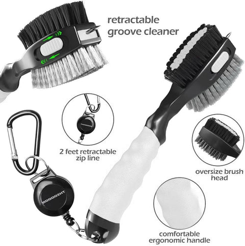 2 Pack Golf Club Brushes and Groove Cleaner 2 Ft Retractable Zipline Carabiner Golf Brush Head with Retractable Spike Comfortable Grip Golf Club Cleaner and Best Golf Gifts for Men （Black & White)