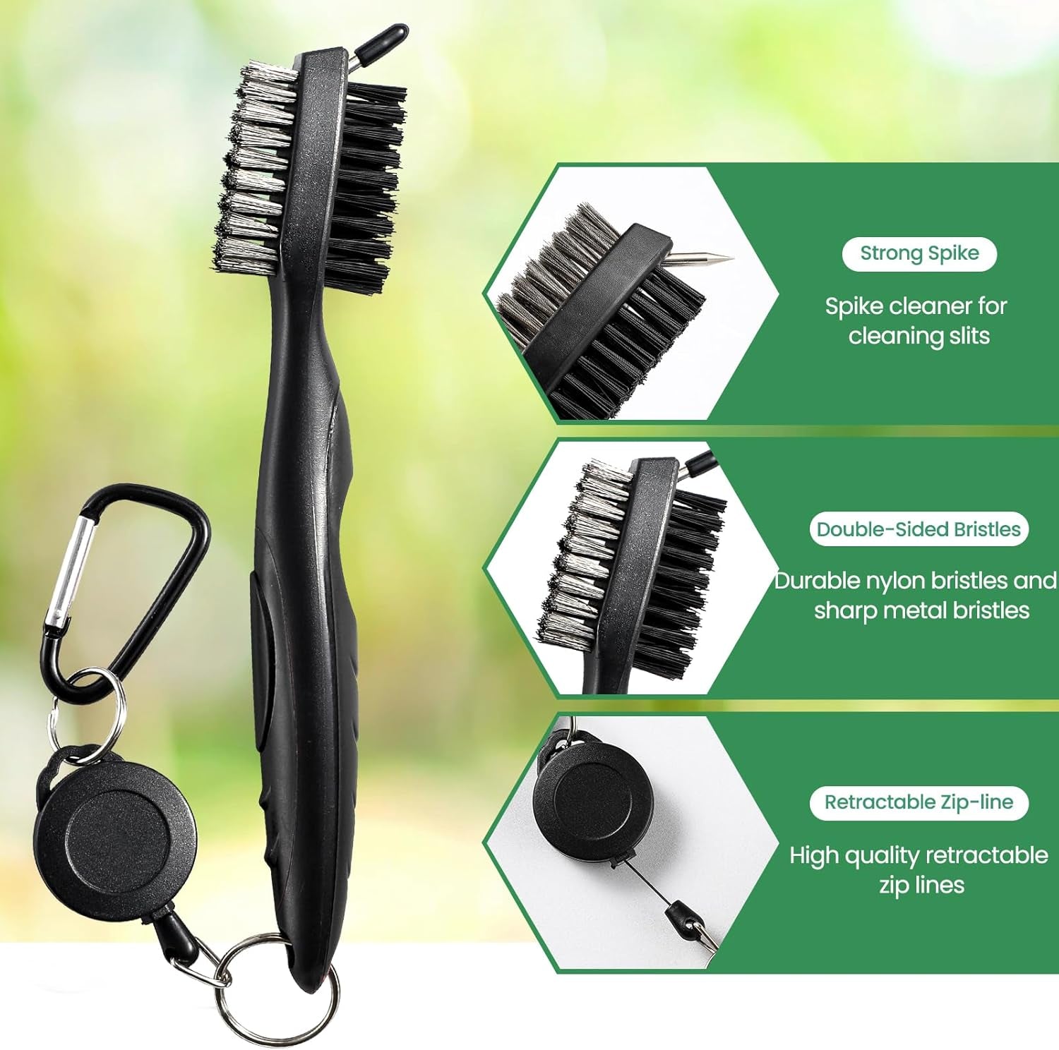Golf Club Brush and Club Groove Cleaner with Retractable Zip-Line and Aluminum Carabiner Cleaning Tools