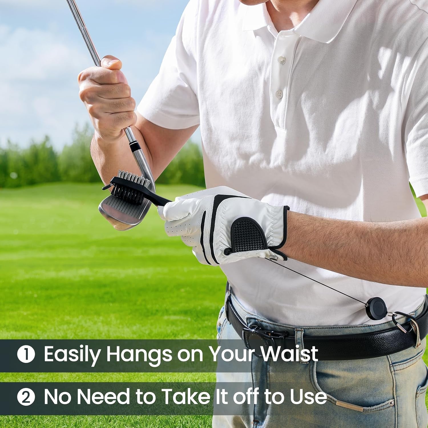 Golf Club Brush and Club Groove Cleaner with Retractable Zip-Line and Aluminum Carabiner Cleaning Tools