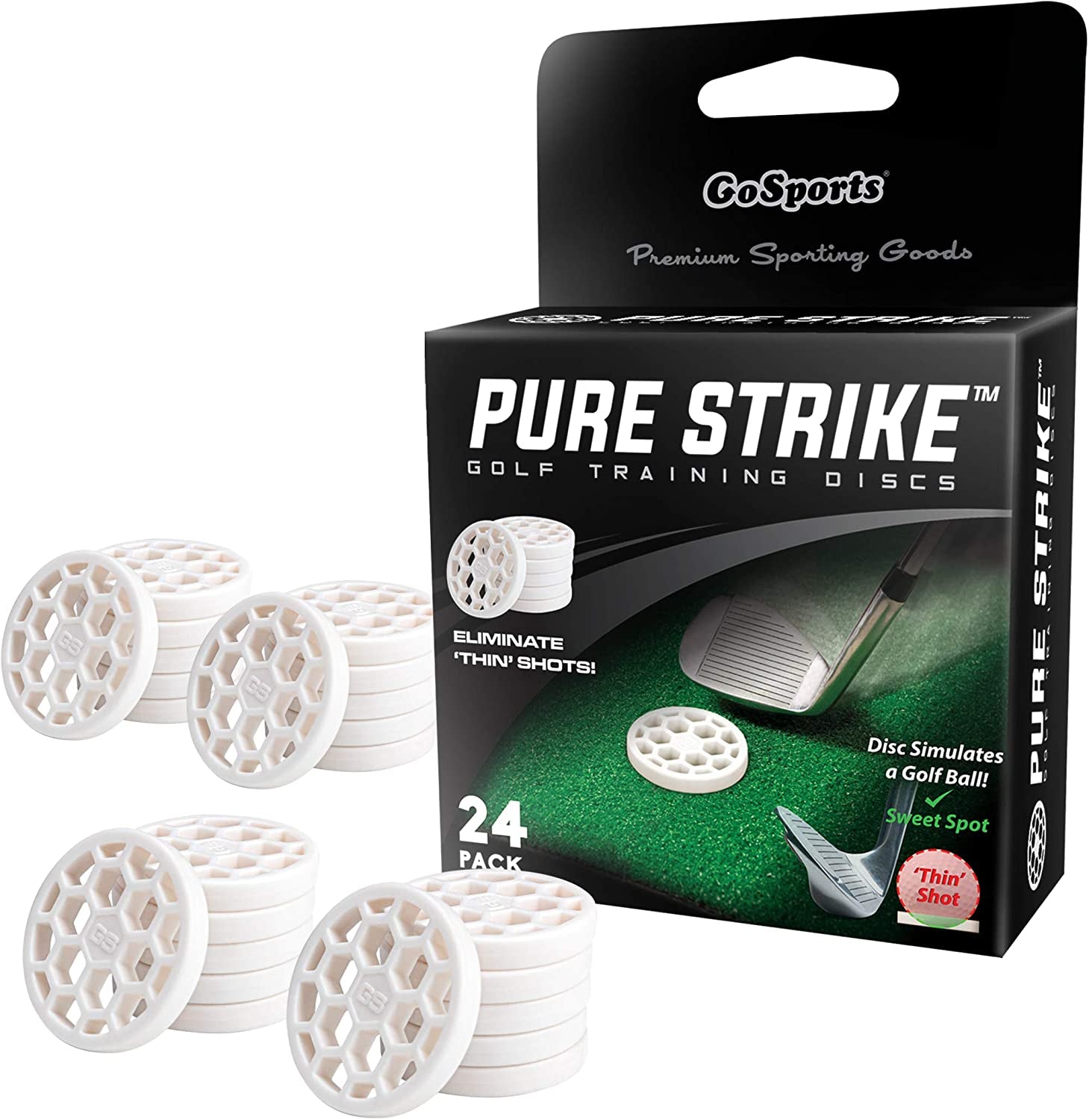 Pure Strike Golf Training Discs 24 Pack | Golf Swing Trainer and Ball Striking Training Aid for Contact, Compression and Swing Path Practice | Indoor and Outdoor Golf Practice Equipment
