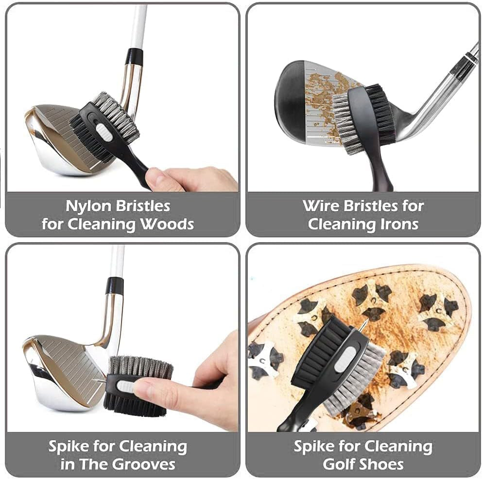 2 Pack Golf Club Brushes and Groove Cleaner 2 Ft Retractable Zipline Carabiner Golf Brush Head with Retractable Spike Comfortable Grip Golf Club Cleaner and Best Golf Gifts for Men （Black & White)