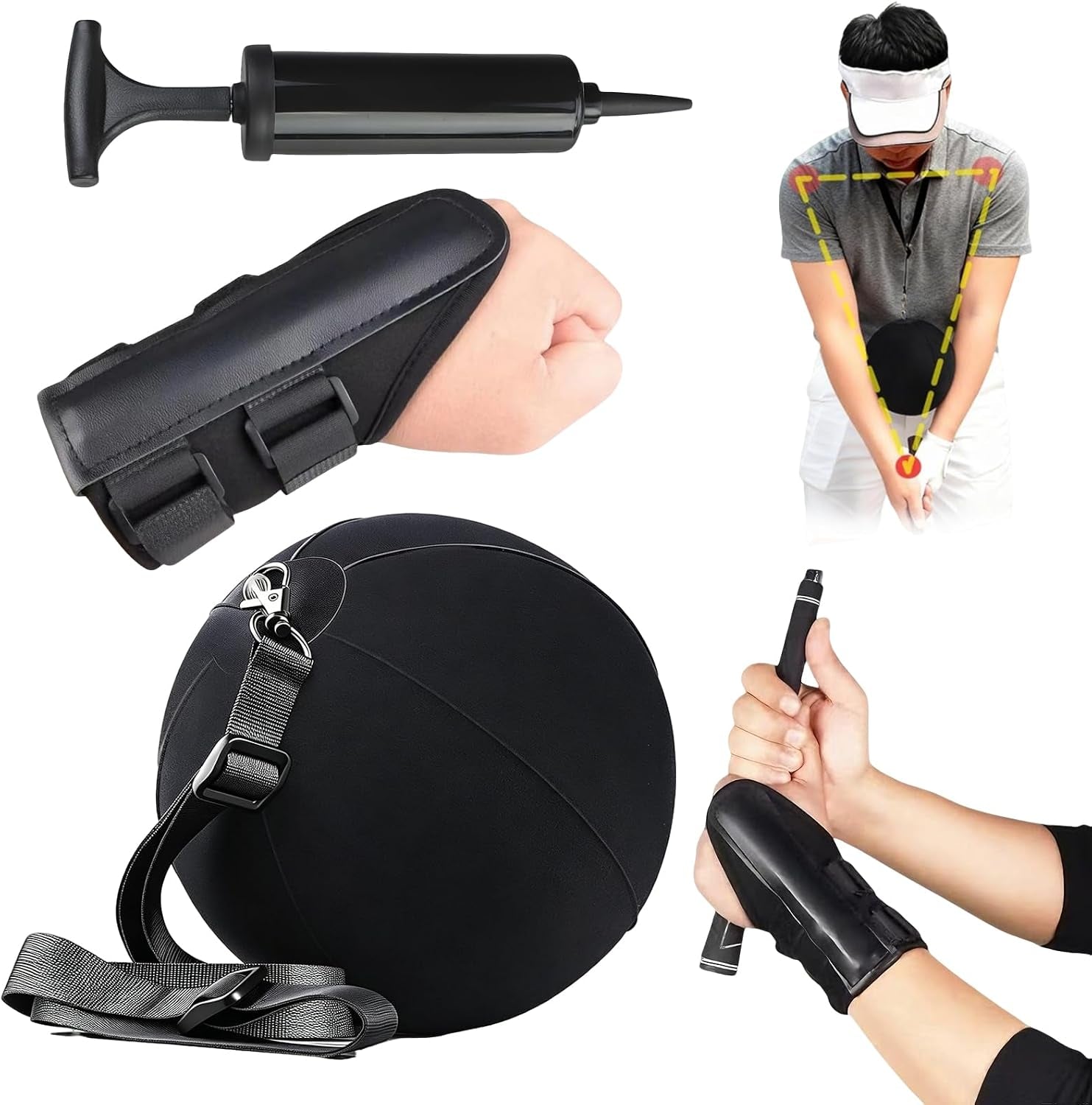 Golf Training Aid Set with Swing Smart Ball & Wrist Support, Inflatable Golf Swing Trainer for Posture Correction, Straight Arm & Chicken Wing Fix, Golf Practice Equipment for Beginners