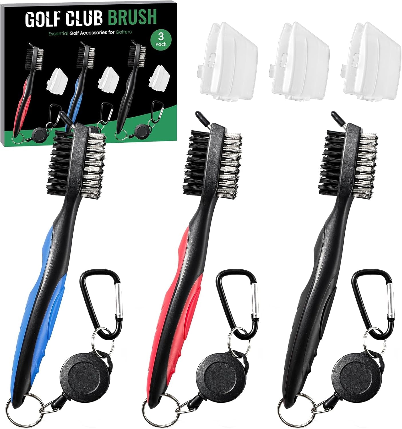 Golf Club Brush and Club Groove Cleaner with Retractable Zip-Line and Aluminum Carabiner Cleaning Tools