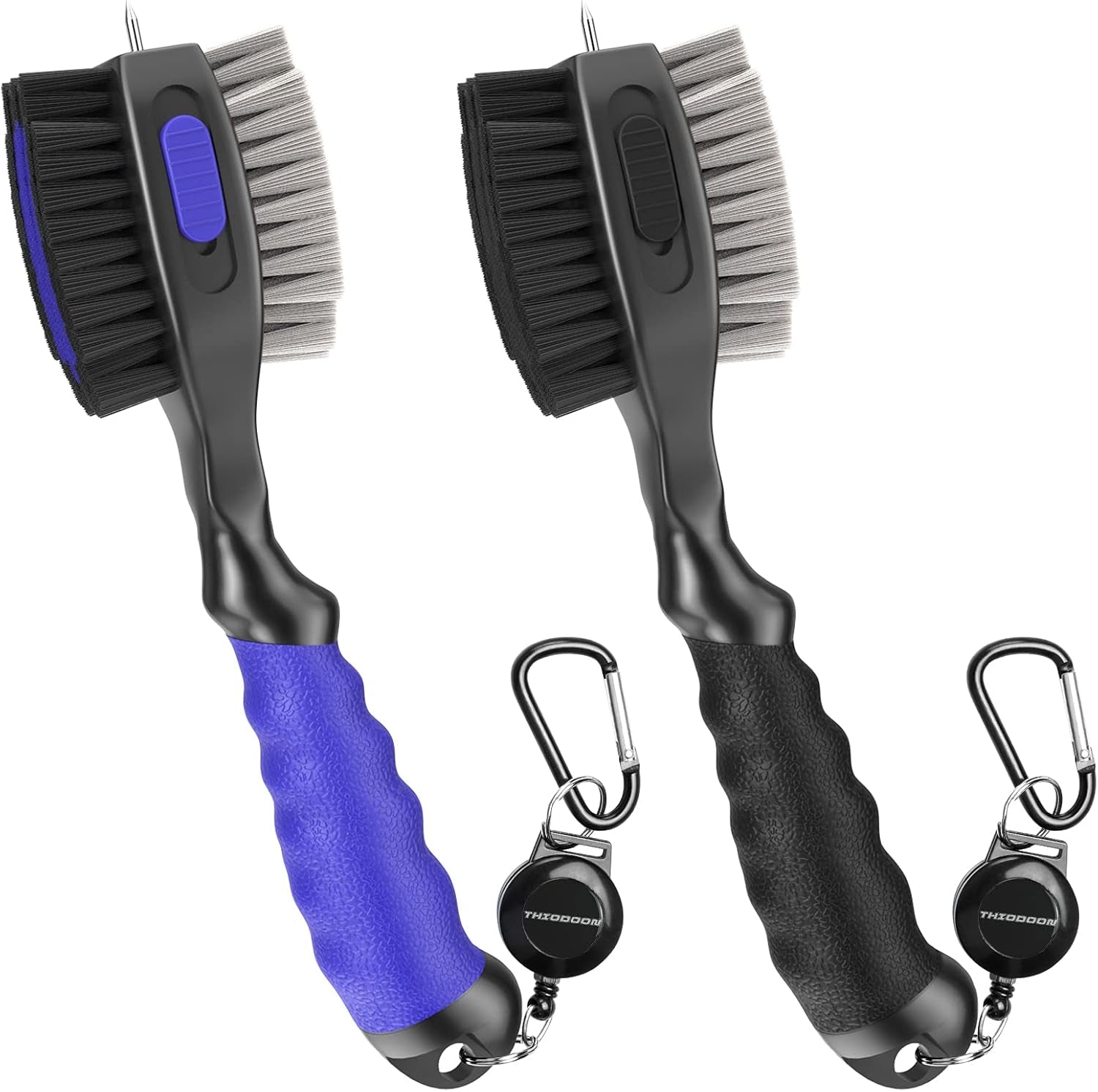 2 Pack Golf Club Brushes and Groove Cleaner 2 Ft Retractable Zipline Carabiner Golf Brush Head with Retractable Spike Comfortable Grip Golf Club Cleaner