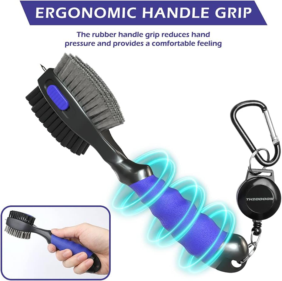 2 Pack Golf Club Brushes and Groove Cleaner 2 Ft Retractable Zipline Carabiner Golf Brush Head with Retractable Spike Comfortable Grip Golf Club Cleaner