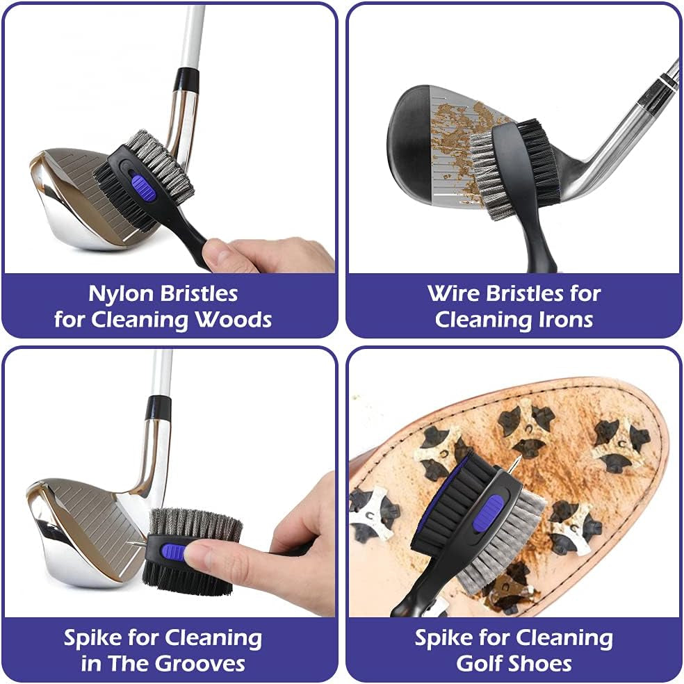 2 Pack Golf Club Brushes and Groove Cleaner 2 Ft Retractable Zipline Carabiner Golf Brush Head with Retractable Spike Comfortable Grip Golf Club Cleaner