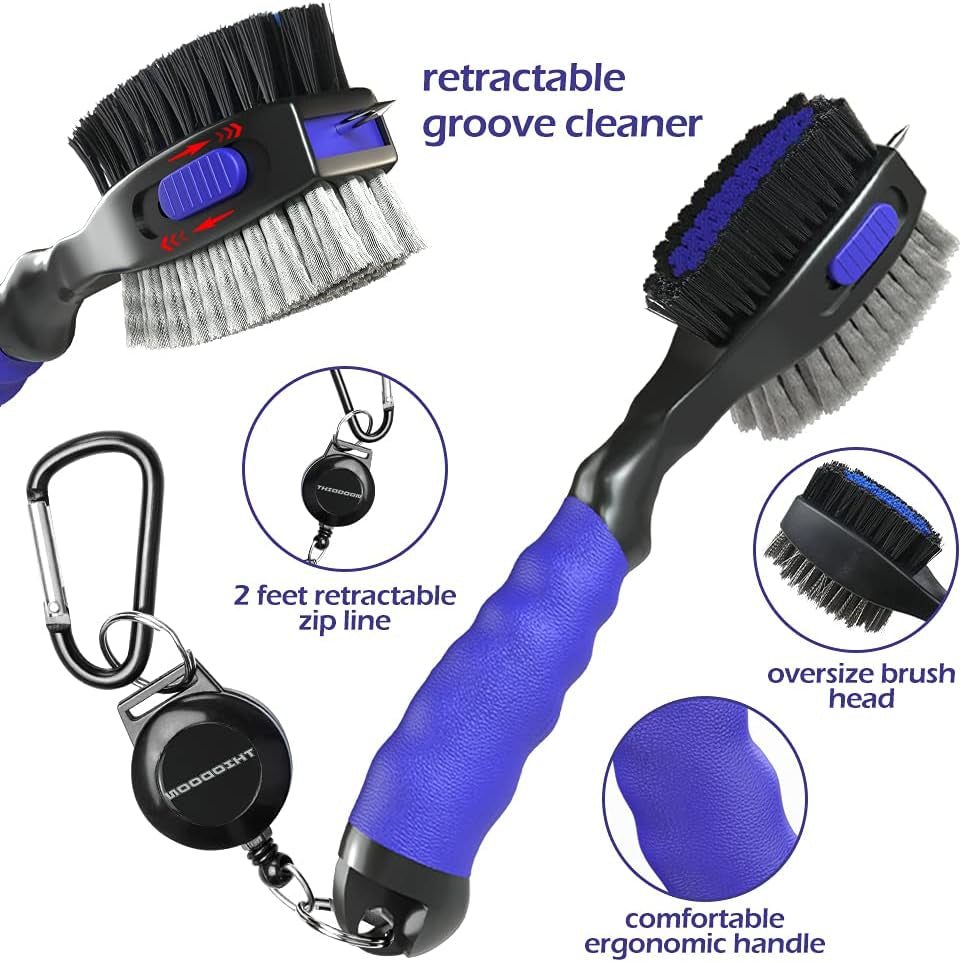 2 Pack Golf Club Brushes and Groove Cleaner 2 Ft Retractable Zipline Carabiner Golf Brush Head with Retractable Spike Comfortable Grip Golf Club Cleaner