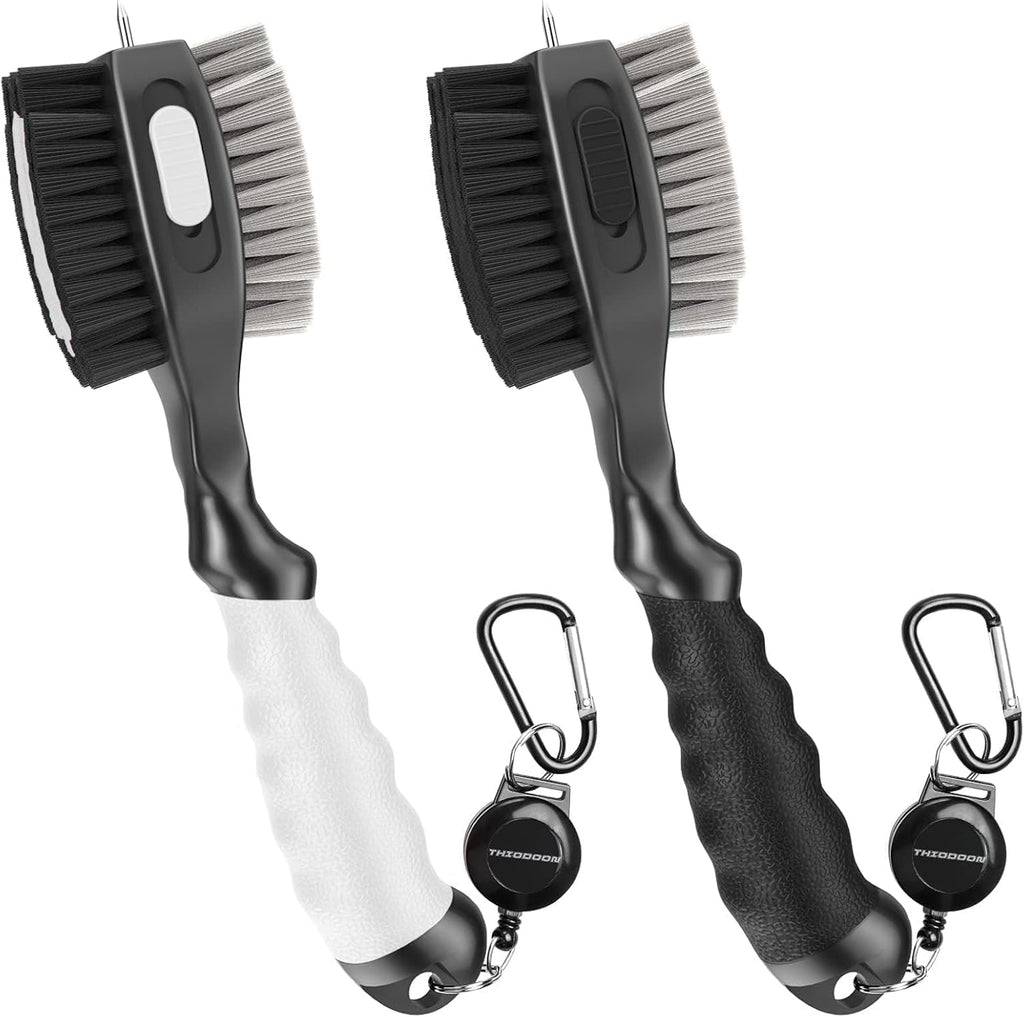 2 Pack Golf Club Brushes and Groove Cleaner 2 Ft Retractable Zipline Carabiner Golf Brush Head with Retractable Spike Comfortable Grip Golf Club Cleaner and Best Golf Gifts for Men （Black & White)