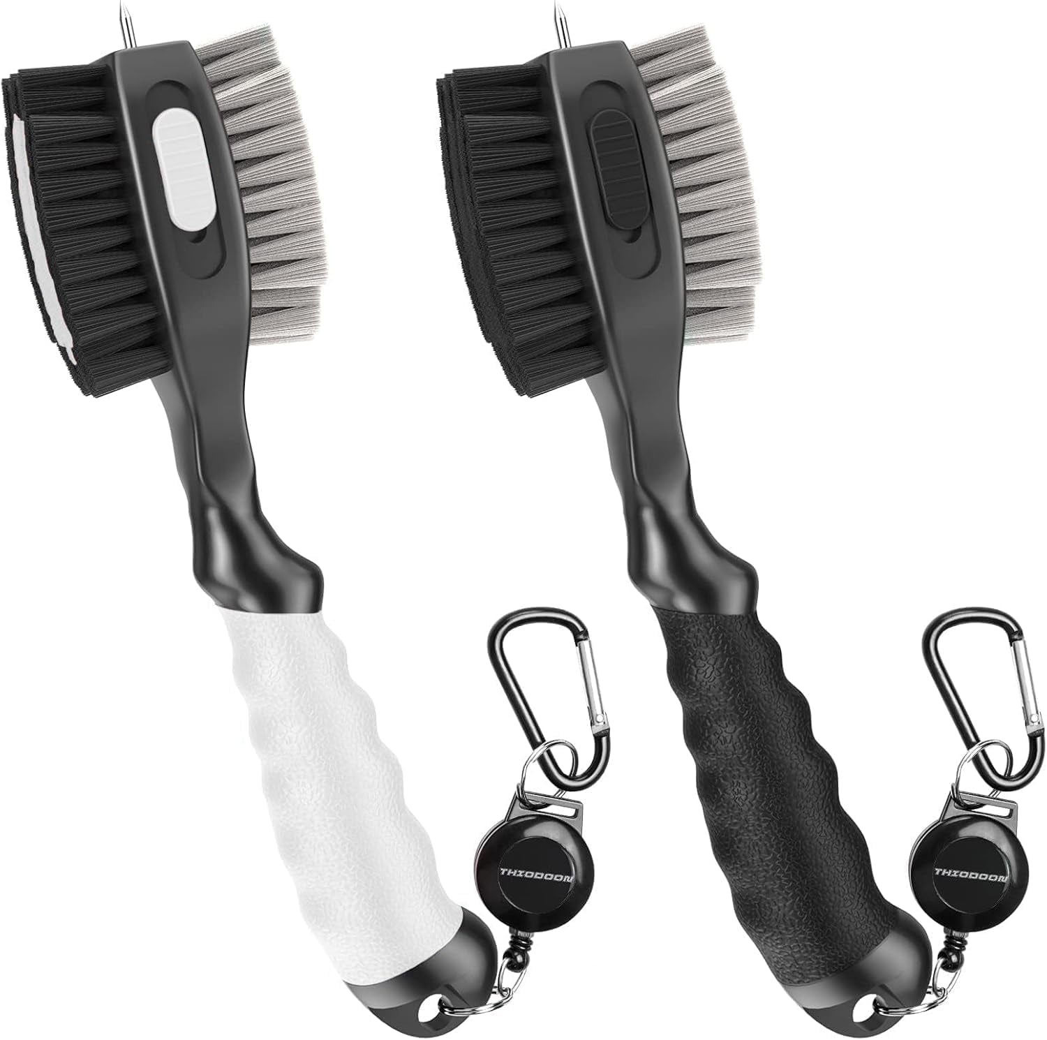 2 Pack Golf Club Brushes and Groove Cleaner 2 Ft Retractable Zipline Carabiner Golf Brush Head with Retractable Spike Comfortable Grip Golf Club Cleaner and Best Golf Gifts for Men （Black & White)