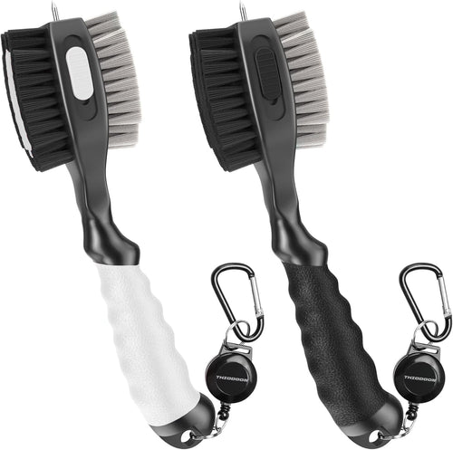 2 Pack Golf Club Brushes and Groove Cleaner 2 Ft Retractable Zipline Carabiner Golf Brush Head with Retractable Spike Comfortable Grip Golf Club Cleaner and Best Golf Gifts for Men （Black & White)