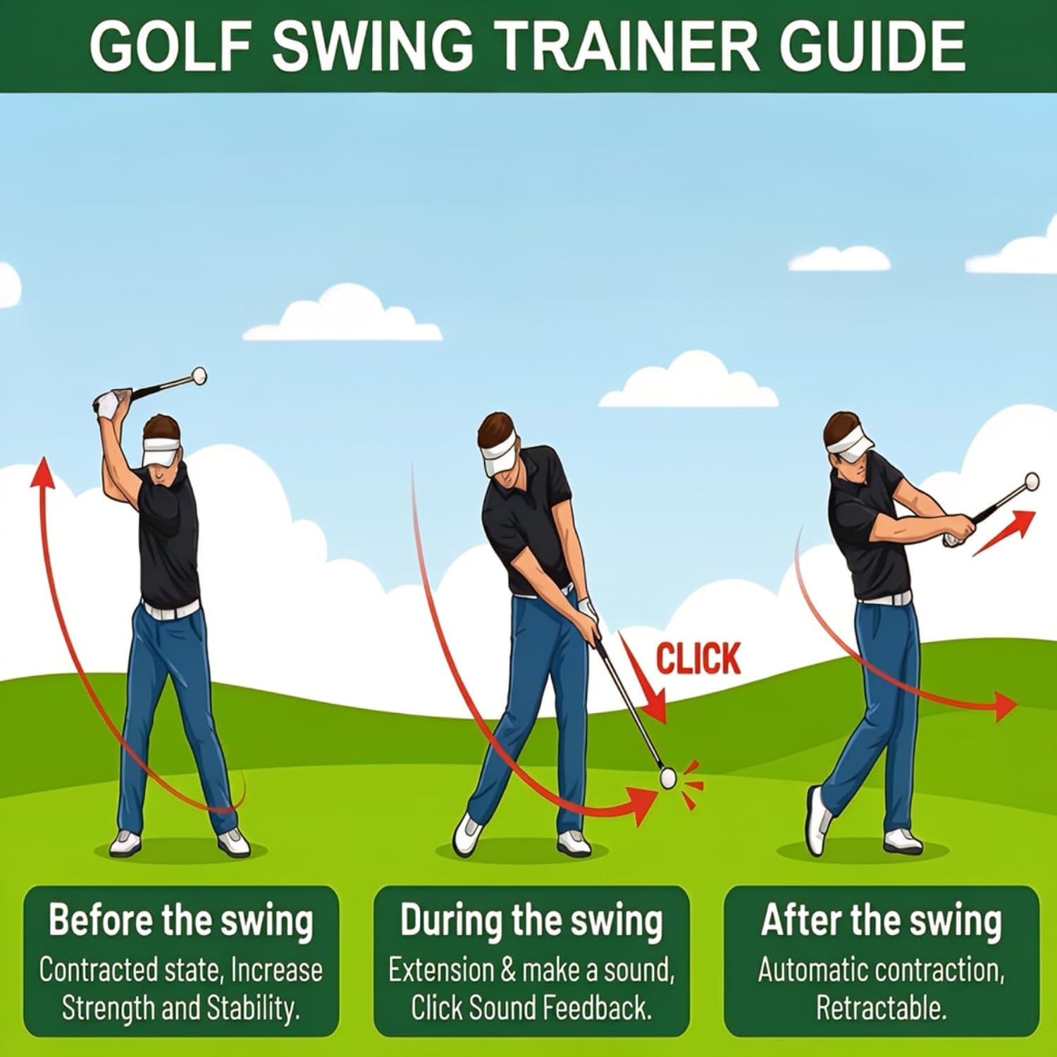 Retractable Golf Swing Trainer with Click Feedback