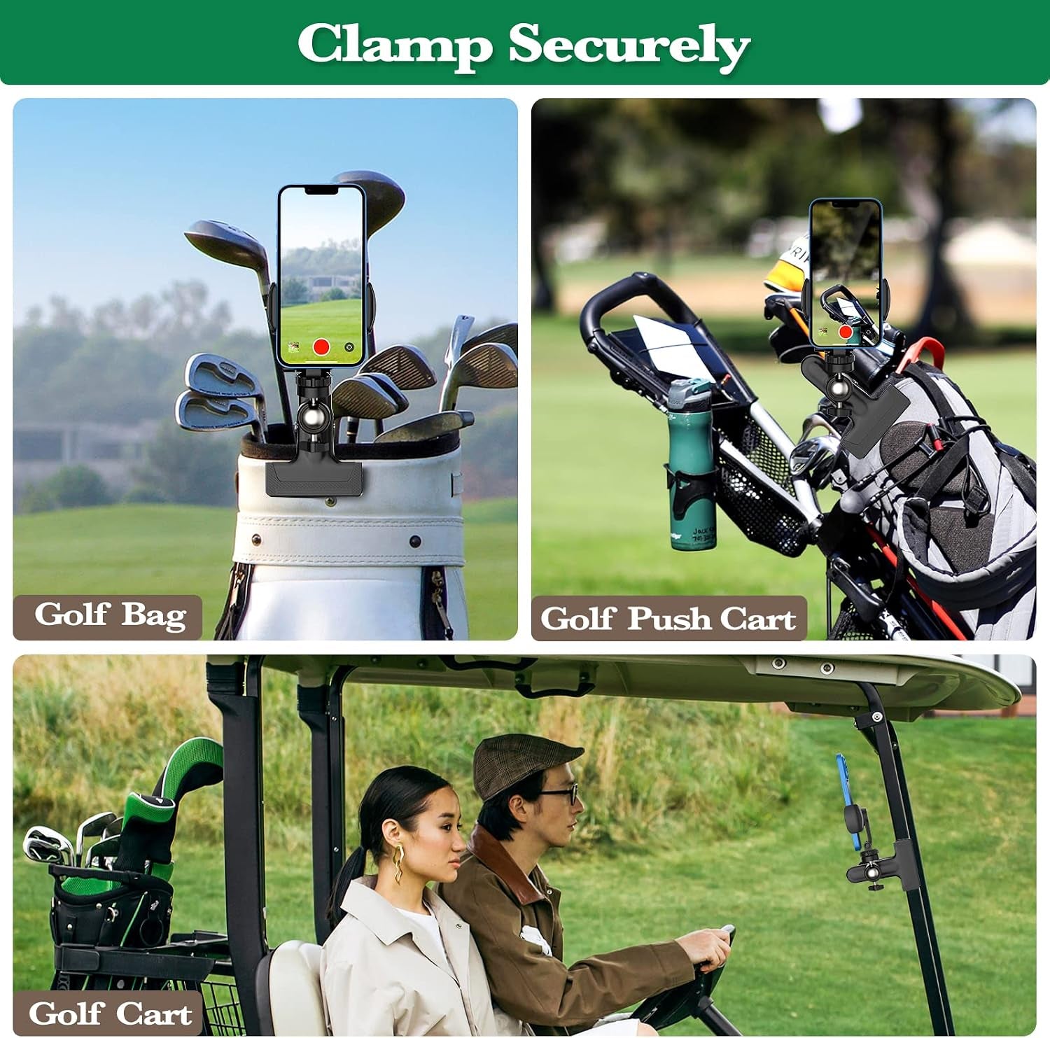 Golf Cart Phone Mount – 360° Adjustable Cell Phone Holder for Swing Recording